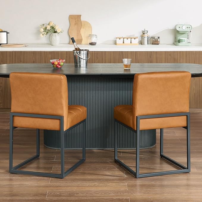 Brown Faux Leather Dining Chairs Set of 2, Mid-Century Modern Dining Room Chairs with Armless, Checkered Kitchen Chair with Metal Legs