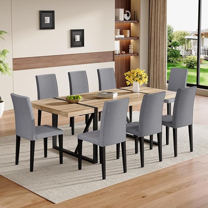 86.6" Dining Table Set for 8, Modern 9 Piece Wood Kitchen Table and Chairs Set, Rectangle Dining Room Table with 8 Linen Fabric Upholstered Chairs, Ideal for Home, Kitchen, or Apartment Dining