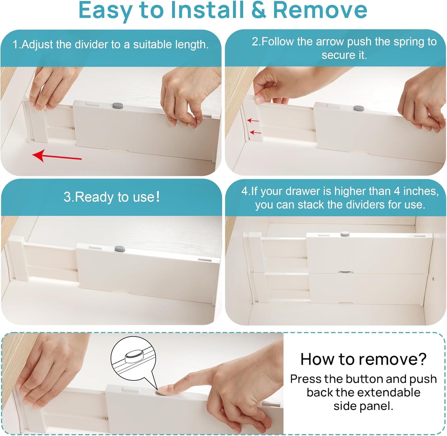 Vtopmart 4 Pack Drawer Dividers for Clothes, 4" High 11.6"-17" Adjustable Expandable Dresser Drawer Organizer, Plastic Drawers Separators for Dresser, Baby Clothes, Underwear, Kitchen & Office Storage