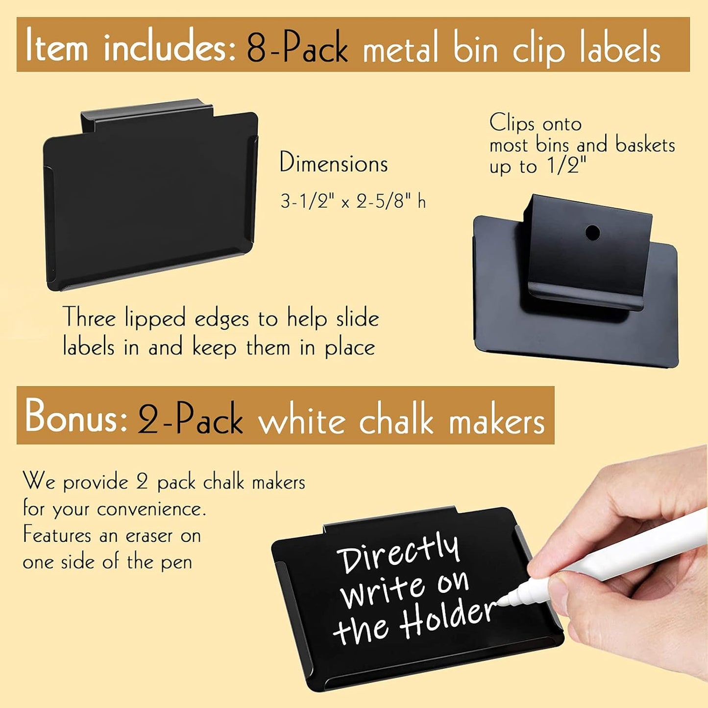 8 Pack Metal Pantry Baskets Labels Clip On for Storage Bins with 2 White Chalk Markers, Organization and Storage Baskets Labels Clips, Kitchen Bins Tag Chalkboard Labels for Baskets