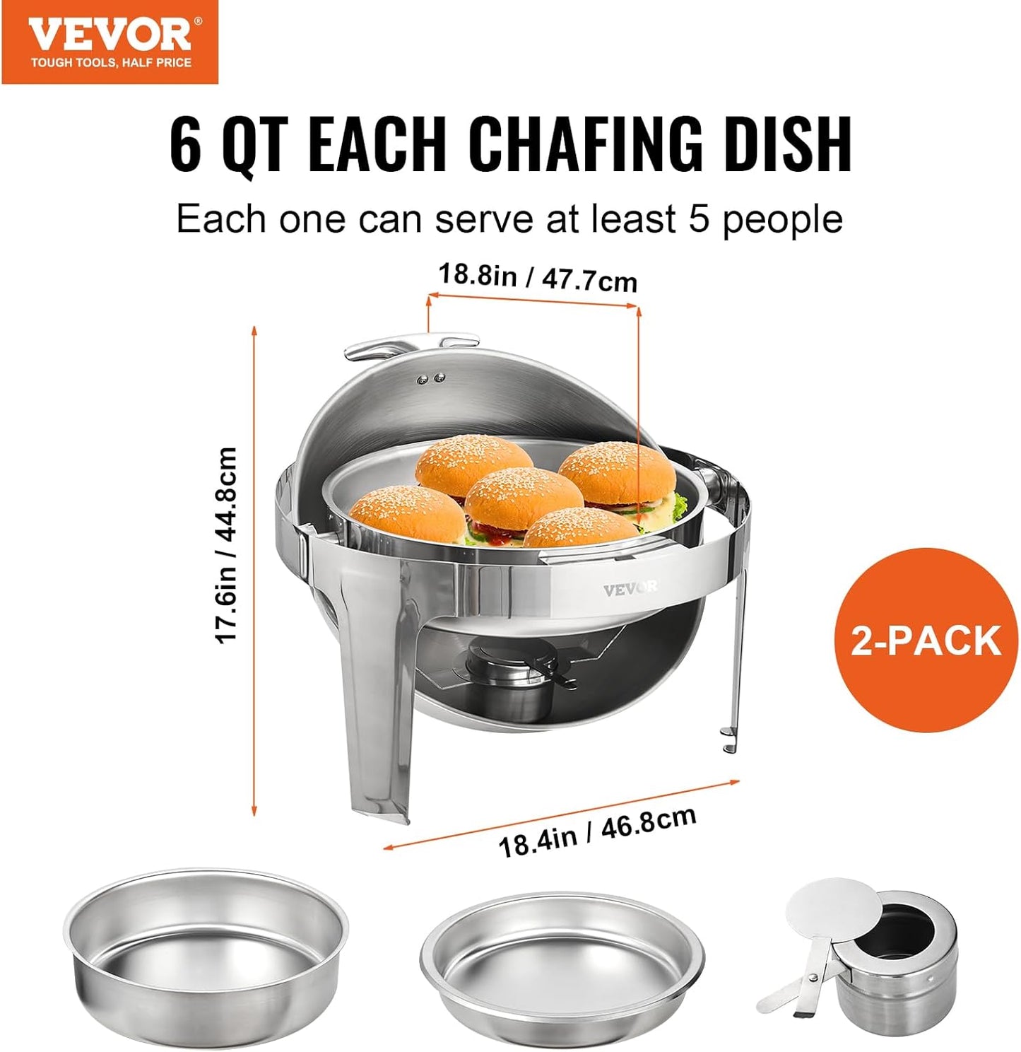 VEVOR Roll Top Chafing Dish Buffet Set, 6 Qt 2 Pack, Stainless Steel Chafer with 2 Full Size Pans, Round Catering Warmer Server with Lid Water Pan Stand Fuel Holder, for at Least 5 People Each