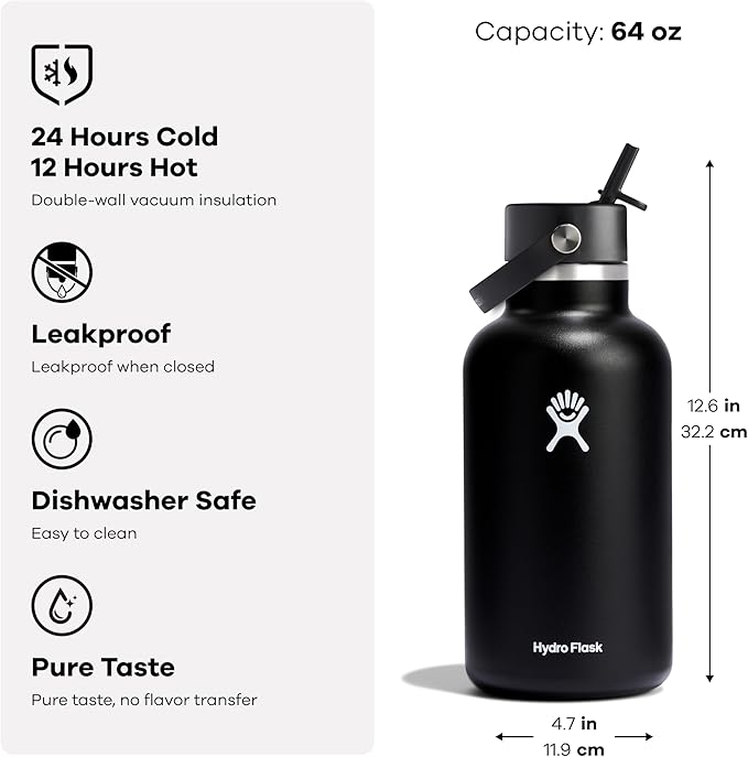 Hydro Flask Water Bottle - Insulated Stainless Steel - Wide Mouth Flex Straw Lid, Non Spill, Leakproof and Refillable in 64 Oz Tonal Oat