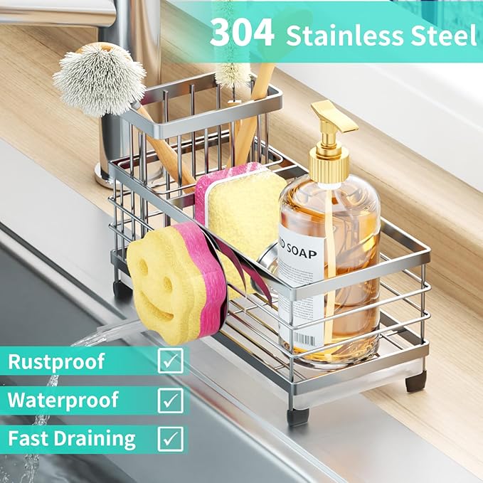 HapiRm Sponge Holder for Kitchen Sink - Self-draining Sink Caddy with Smiley Face and Brush Holder, Stainless Steel Kitchen Organizer for Countertop - Silver