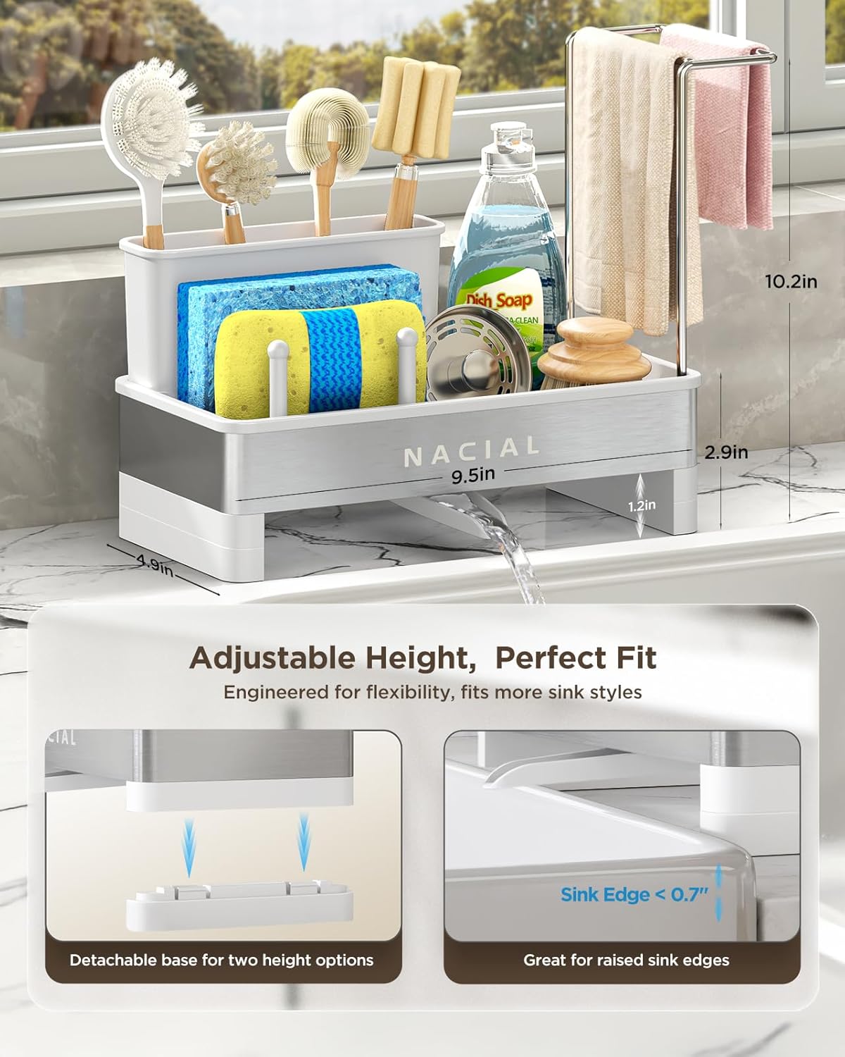 Nacial Sponge Holder for Kitchen Sink, Sink Caddy Organizer with High Brush Holder, Two Towel Racks & Soap Dispenser- Rustproof 304 Stainless Steel Kitchen Countertop Storage Essentials - White