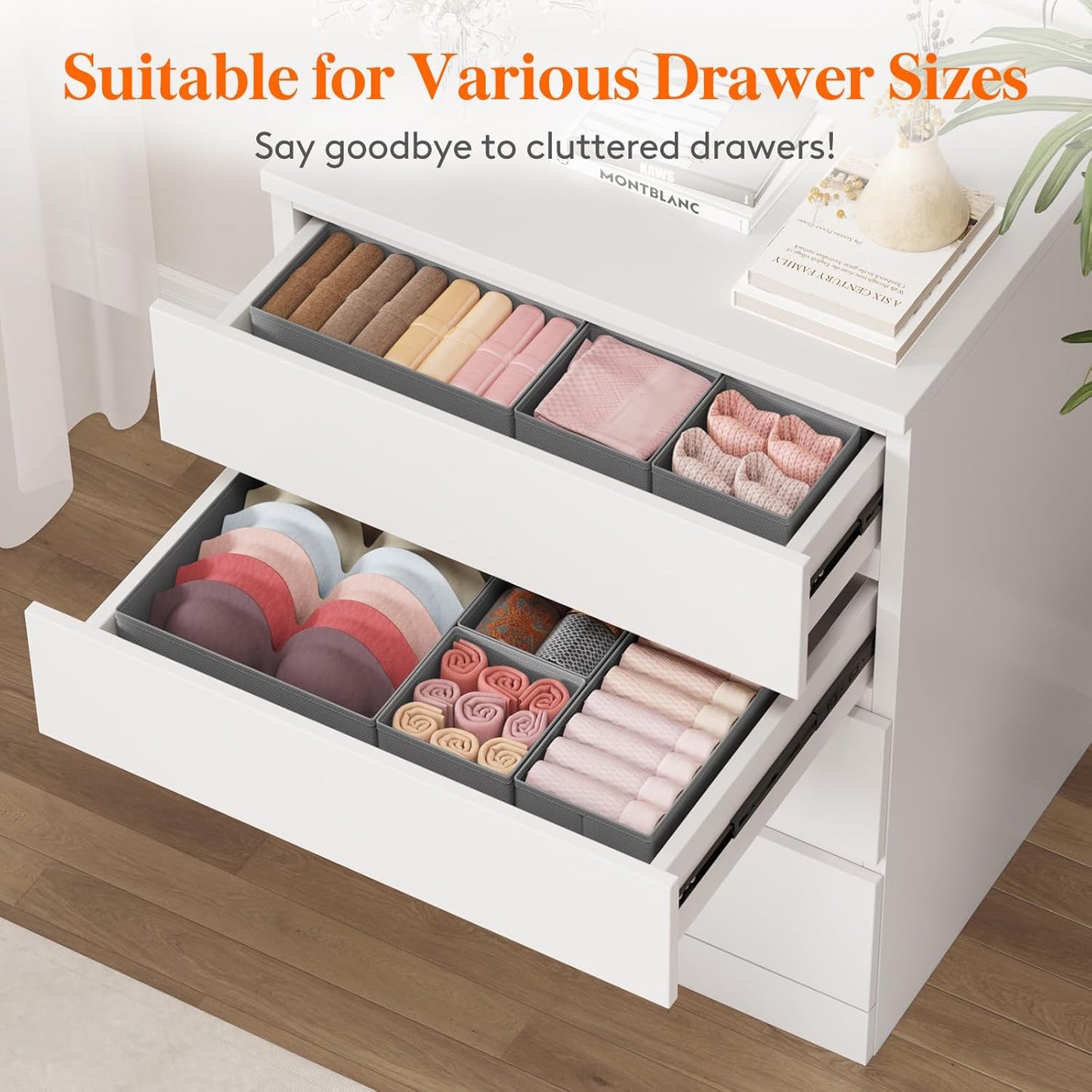 Lifewit Drawer Organizer Clothes for Closet 32 Pack, 3 Sizes Underwear Wardrobe Drawer Dividers, Fabric Foldable Dresser Storage Organizer Bins for Sock/Bra/Lingerie/Undies, Gray