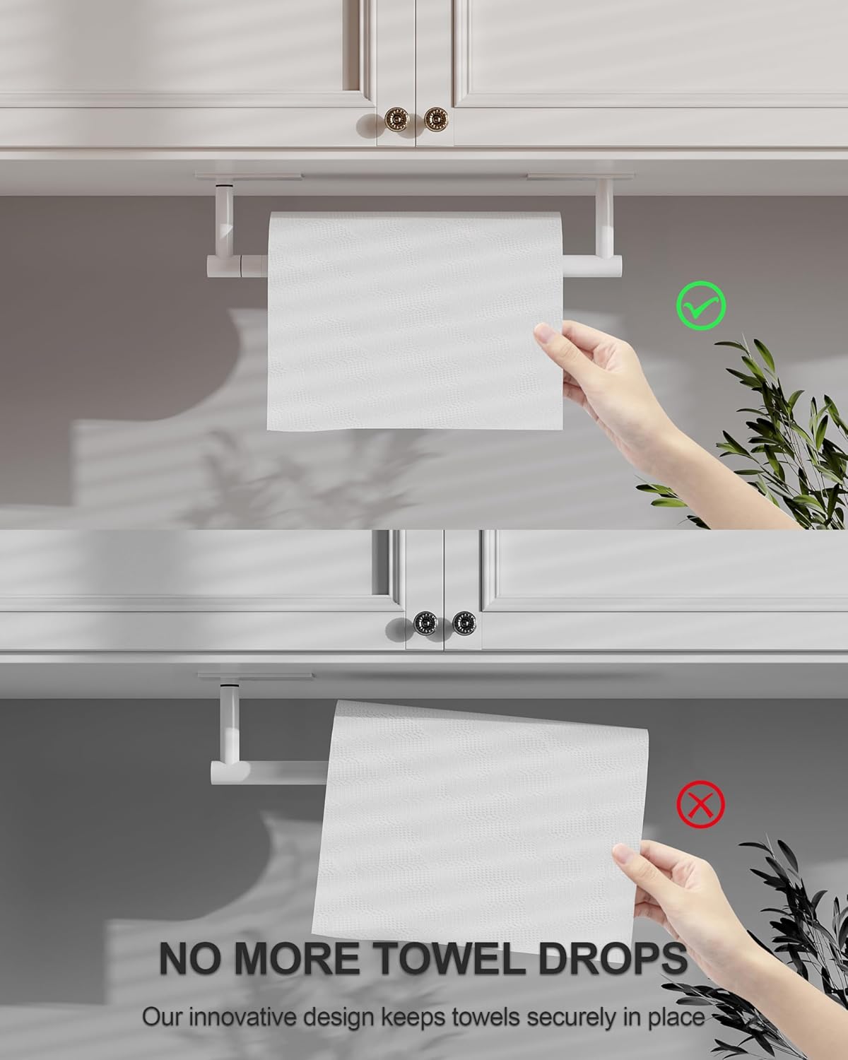 White Paper Towel Holder Under Cabinet, Self Adhesive or Wall Mounted SUS304 Stainless Steel Paper Towel Holder for Kitchen, Bathroom, Farmhouse, Barbecue and Laundry (White)