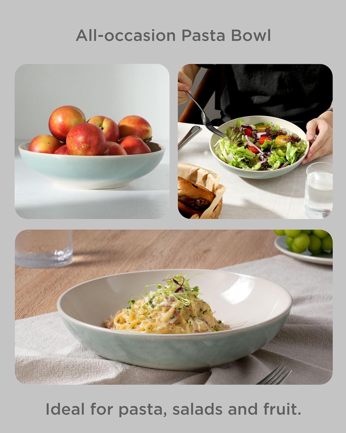 famiware 8.7" Large Pasta Bowls Set of 4, 34oz Stoneware Salad Bowl Serving Plate Bowls, Bowls for Pasta, Fruits, Salad, Noodle, Soup, Dinner- Microwave Dishwasher Safe, Glacier Series, Aqua