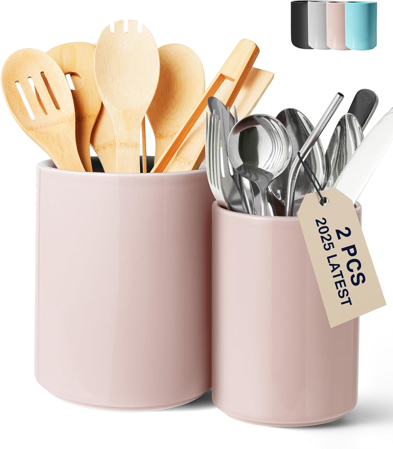 Set of 2 Utensil Holder, 7"+5" Ceramic Kitchen Utensil Holder for Countertop, Large Cooking Utensil Crocks for Counter, Morden Utensil Organizer for Spatula, Kitchen Decor (Red)