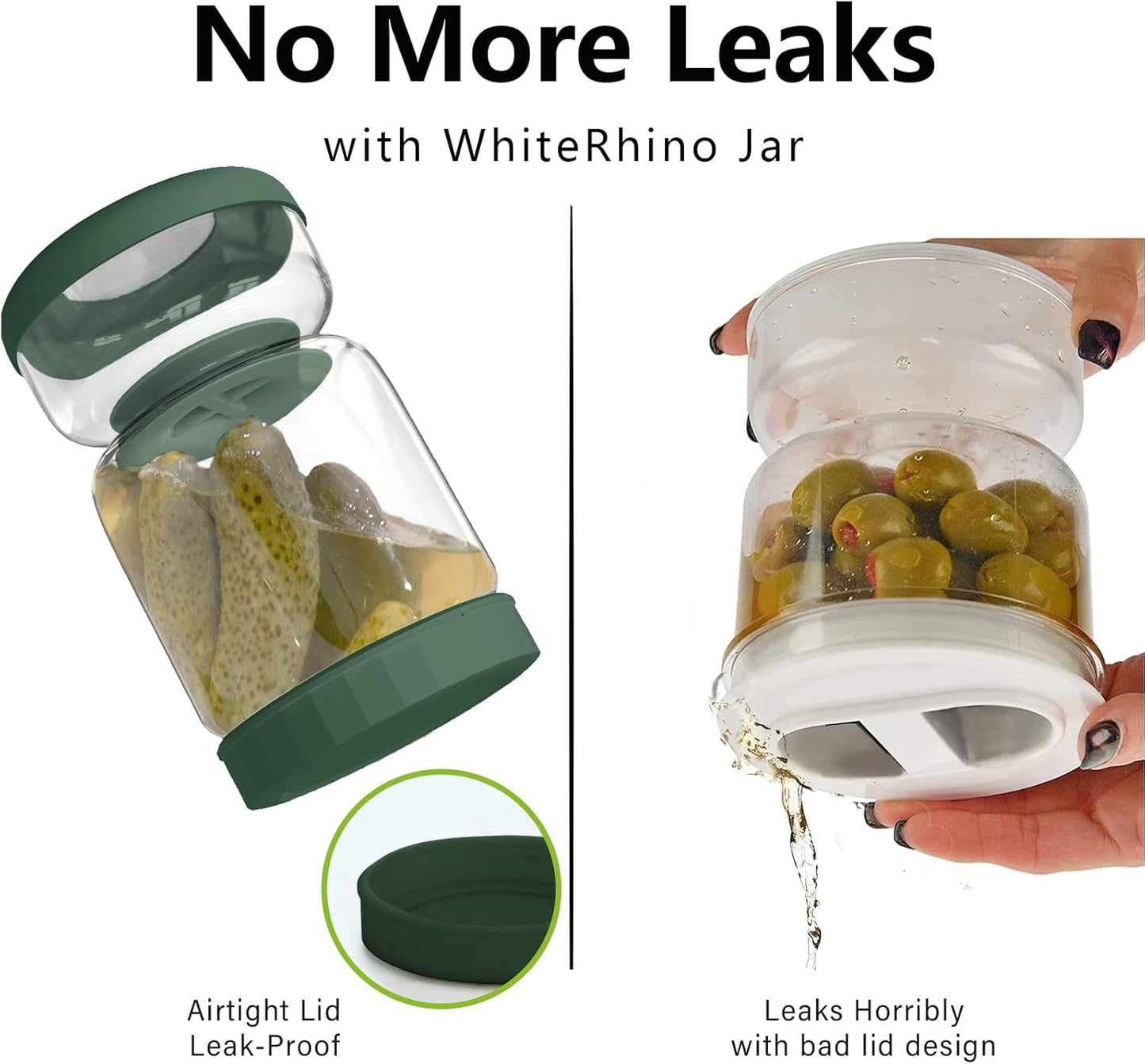 WhiteRhino Glass Pickle Jar,34oz Olive Hourglass Jar with Strainer,Airtight Glass Jar Pickle Juice Separator Flip Pickle Jar for Gherkin Jalapeno