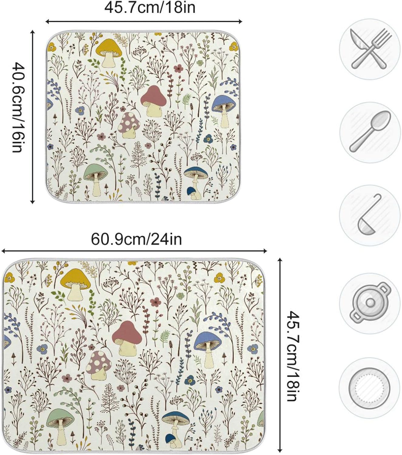 Cute Mushroom Wild Plant Dish Drying Mat for Kitchen Counter Absorbent Microfiber Drying Pad, Medium 16x18 in, Reversible Drainer Mats