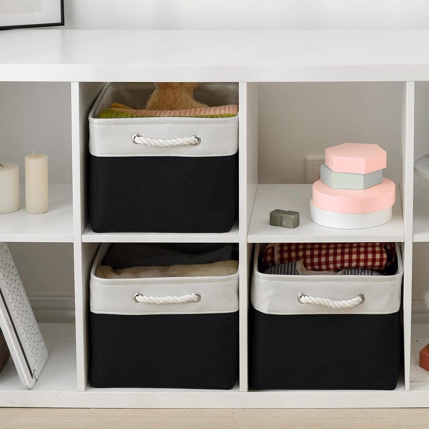 TheWarmHome Organization and Storage Basket for Organizing - Jumbo 3 Pack 17.7x13.8x9.7 inch Fabric Storage Cubes for Closet Gifts Organizer Empty Book (White & Black)