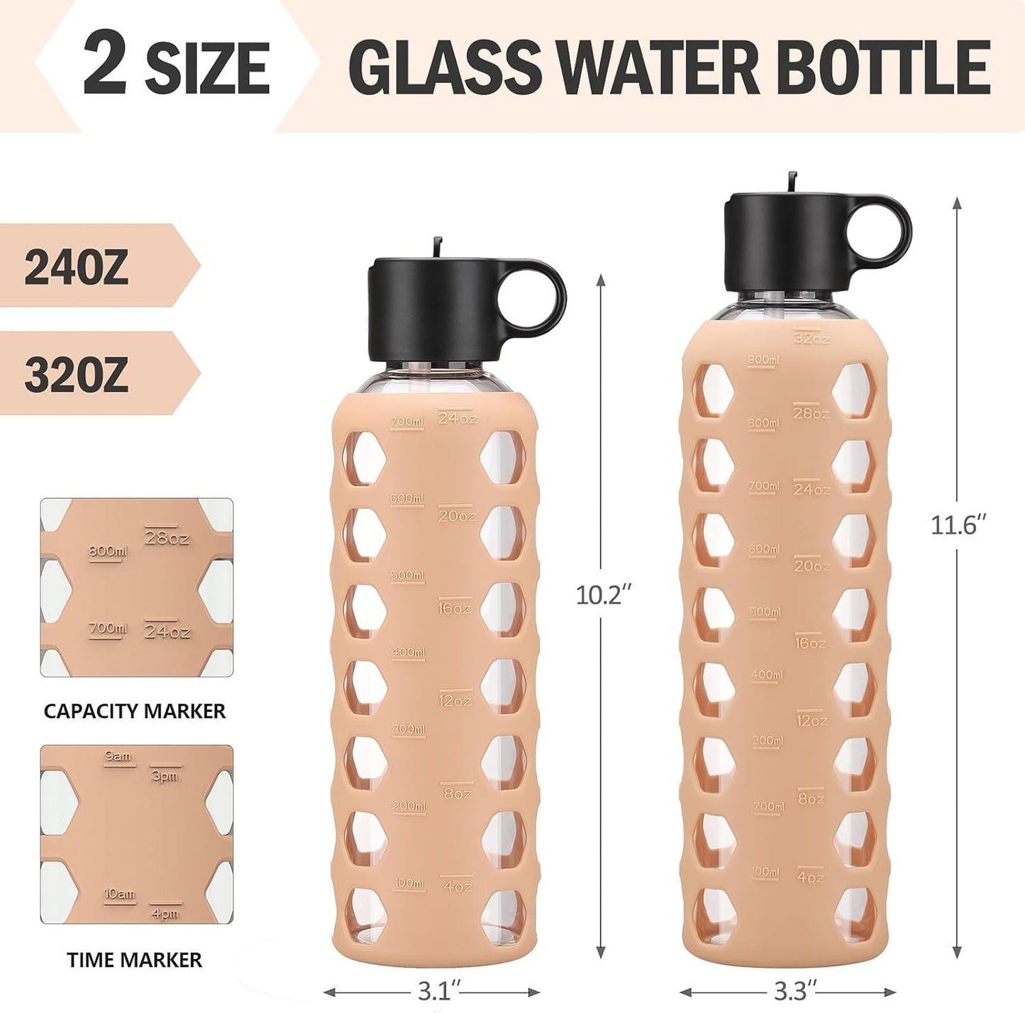 MUKOKO Glass Water Bottles, 24oz Glass Tumbler, Drinking Bottles with 2 Lids-Handle Flip Straw Lid&Bamboo Lid, Motivational Water Bottle with Time Marker and Silicone Sleeve, Leakproof-1 Pack-Amber