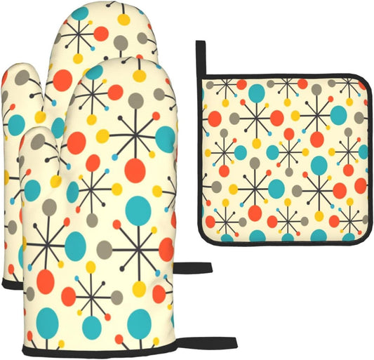 Mid Century Fifties Modern Atomic Retro Oven Mitts and Pot Holders Sets of 3, Yellow Kitchen Decor or Accessories, Heat Resistant Hot Pads Oven Gloves,Cooking Grilling Baking Gifts for Women