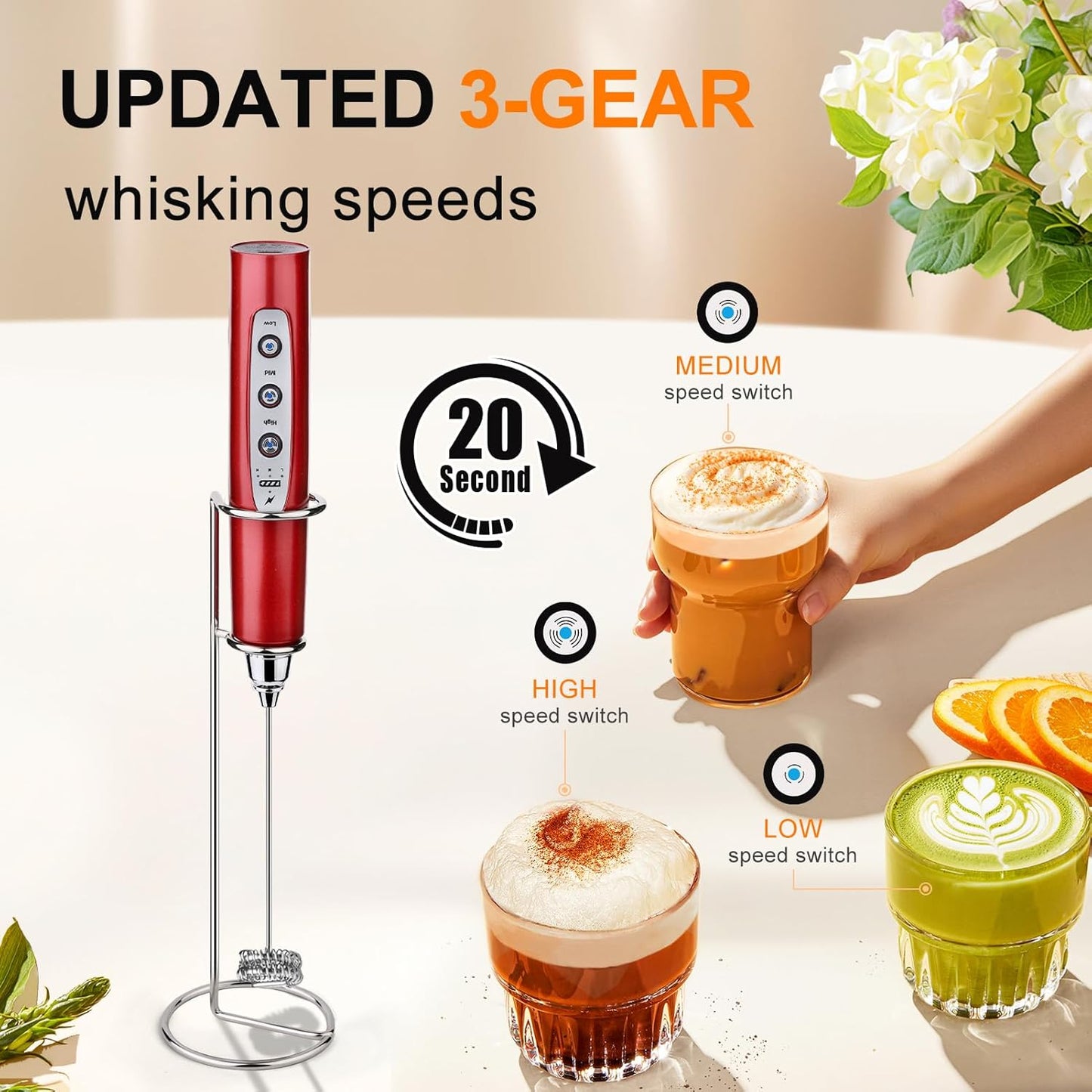 YUSWKO Red Rechargeable Milk Frother for Coffee with Stand, Handheld Drink Mixer with 3 Heads 3 Speeds Electric Stirrers for Latte, Cappuccino, Hot Chocolate, Egg