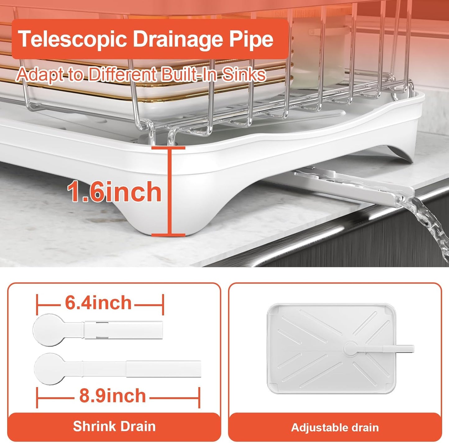 Dish Drying Rack - 304 Stainless Steel Dish Rack with Utensil Holder & Adjustable Spout, Space-Saving Organizer, Large Capacity for Bowls, Dish Drainer with Drainboard, White