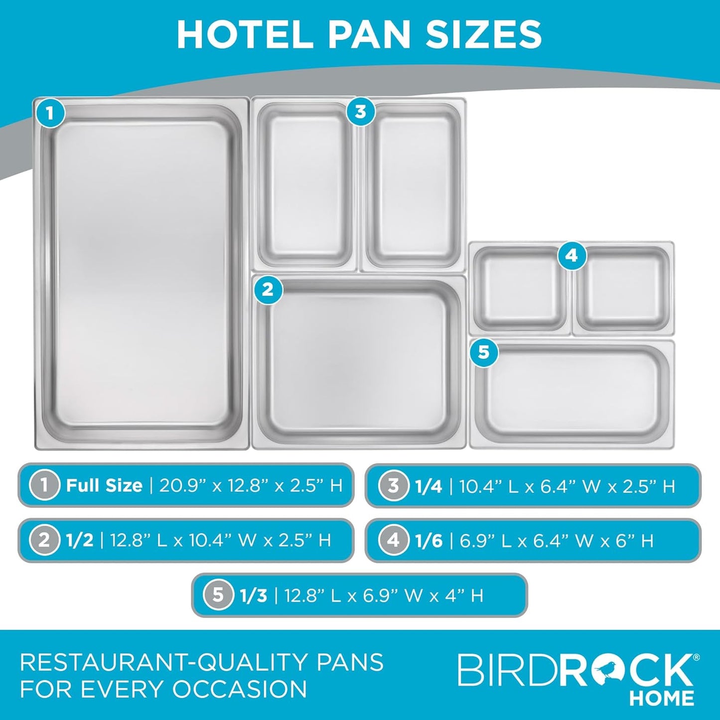 BIRDROCK HOME Stainless Steel Steam Table Pan - Hotel, Restaurant & Catering Supplies - 24 Gauge Steel, 14 qt Capacity - Meal Prep, Cooking, & Food Storage Container - 4" Depth, Full-Size (6 Pack)