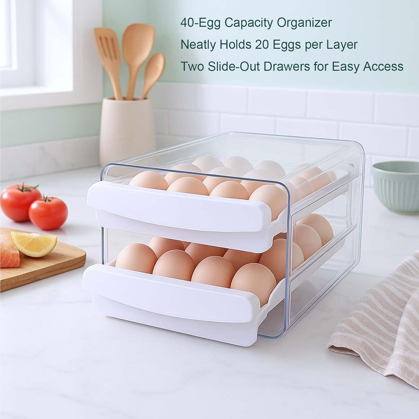 Egg Holder for Fridge, 2-Tier Stackable 40 Eggs Organizer Drawer for Refrigerator, Space-Saving Egg Container, Clear Plastic Egg Tray for Kitchen Storage