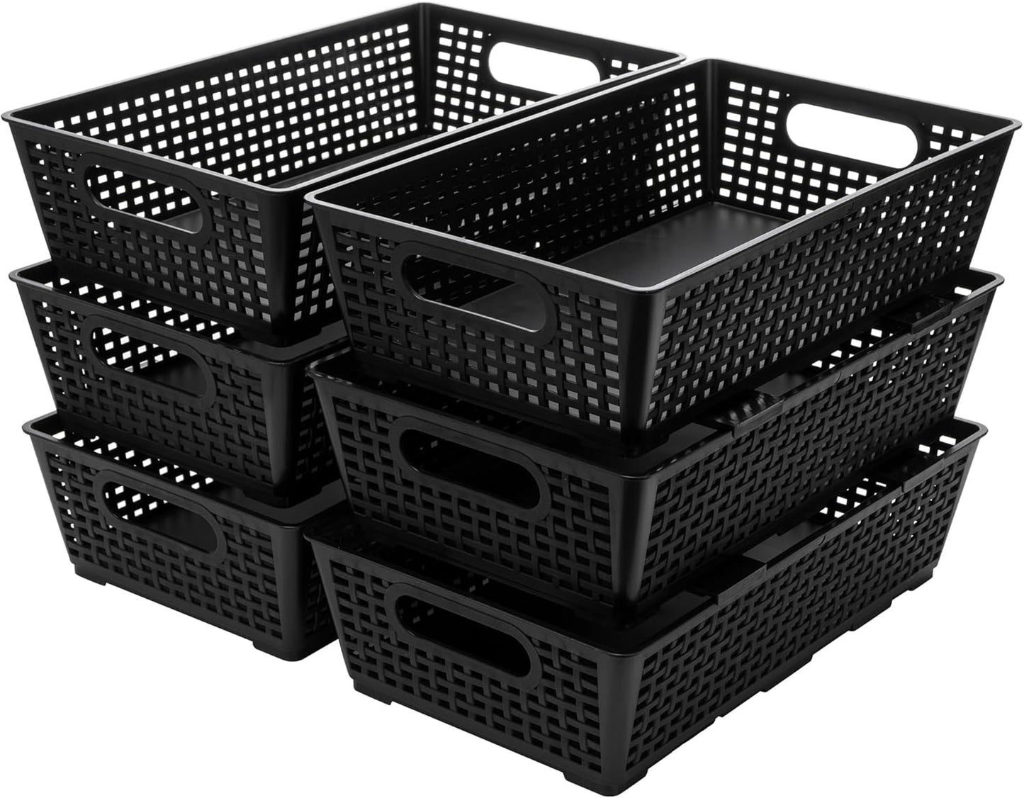 Stackable Woven Plastic Basket, Storage Bins for Cabinet, Closet, Shelf, Under Sink and Countertop, Pantry Organizer Bins, 6 Pack