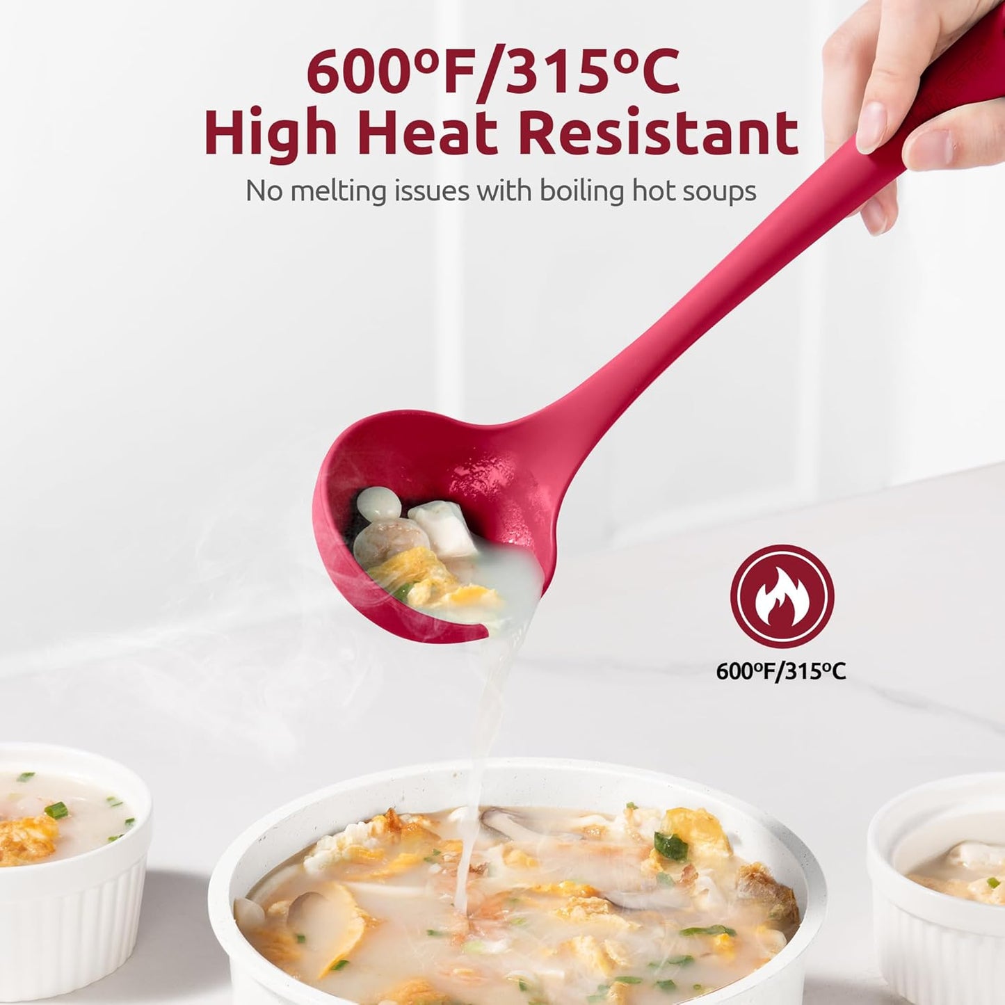 2.6oz Small Silicone Soup Ladle: U-Taste 600ºF Heat Resistant Non-Stick Kitchen Deep Serving Spoon, Soft Cooking Utensil with Non-Slip Solid Handle for Mixing Sauce Stew Gravy (11in, Red)