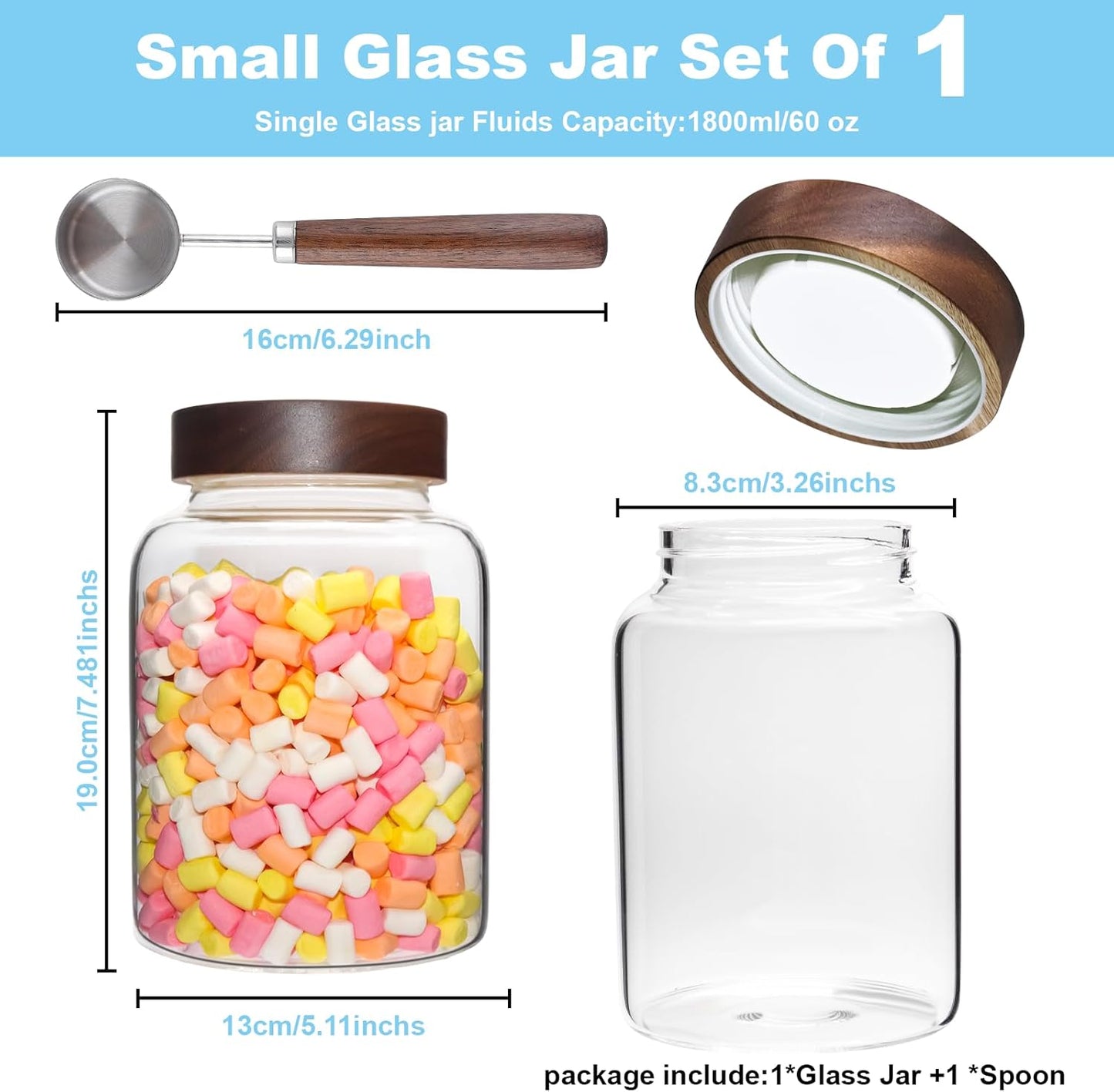 Glass Coffee Jars Spice Jar Round Storage Canister with Wooden Lid Clear Glass Food Jar for Pantry Sugar Tea Coffee Bean Spice Nuts Cookies Bath Salts (1800ml/60oz-2PACK（with spoon))