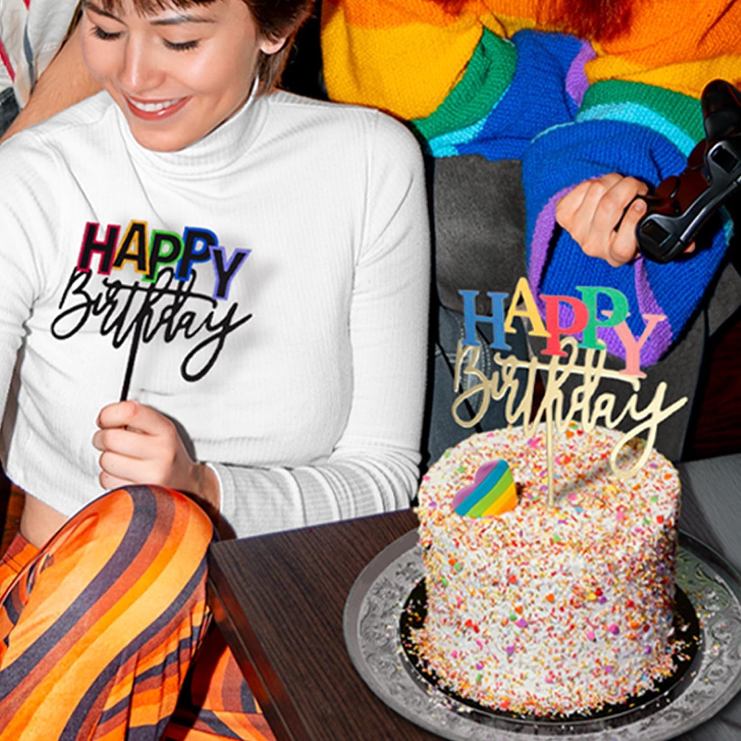 Acrylic Black Happy Birthday Cake Topper, 7.5" x 6" Rainbow Birthday Cake Decoration (Black)