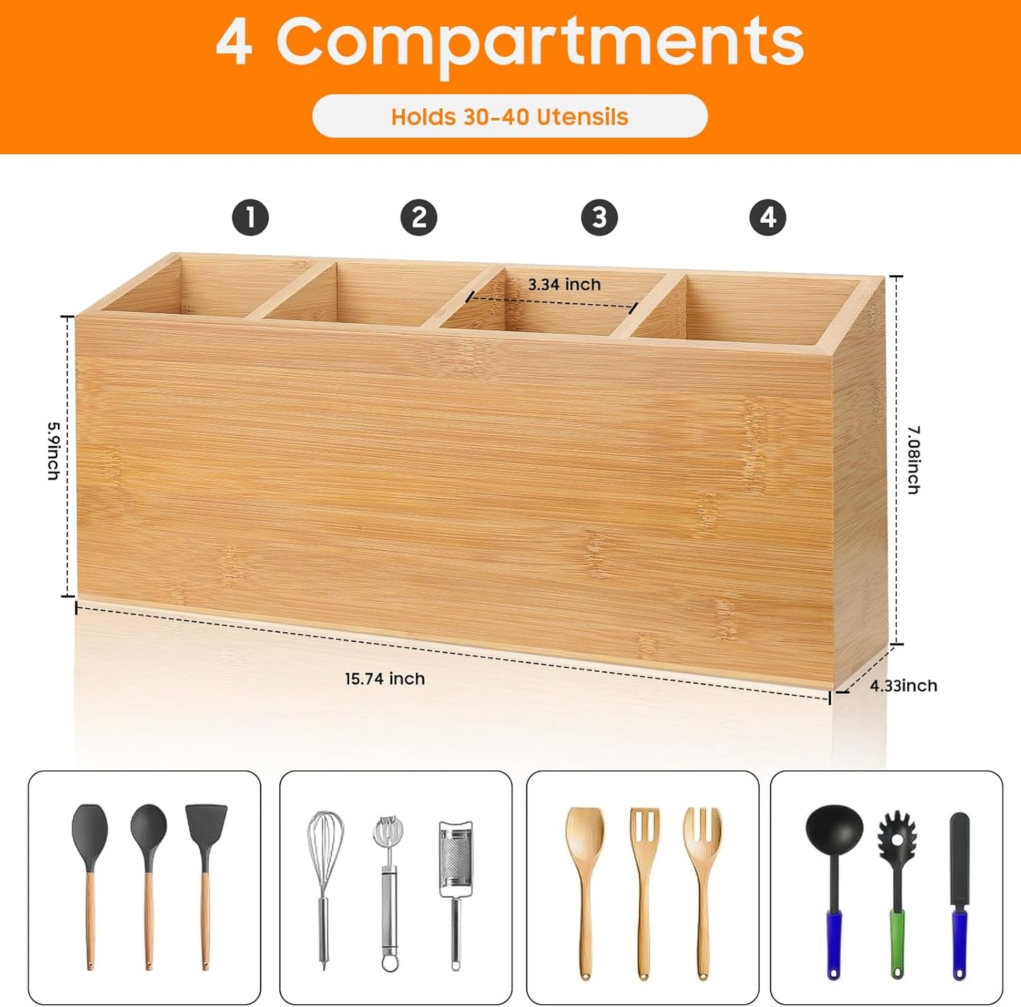 Wingsife Utensils Holder with 4 Compartments, Bamboo Utensil Organizer for Kitchen Countertop, Silverware Caddy Cutlery Holder for Flatware Fork Spoon Spatula, Cooking Utensil (Classic)