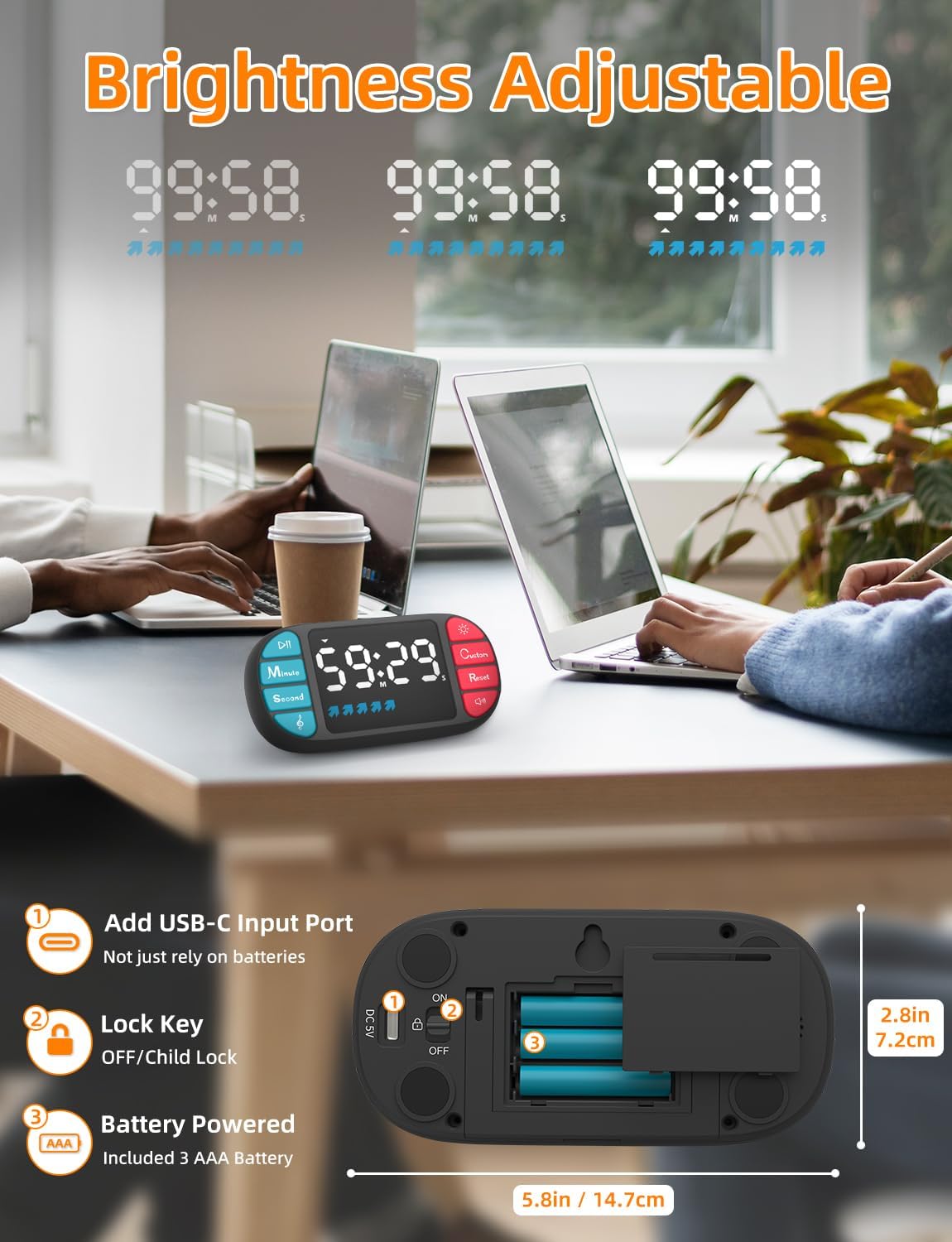 DOOMAY Digital Kitchen Visual Timer: 3.6'' Large LED Display, Magnetic, 3 Brightness, 4 Alarms, 4 Volume, Memory Function, Countdown Count up for Cooking, Classroom, Gym, AAA Battery Included (Black)