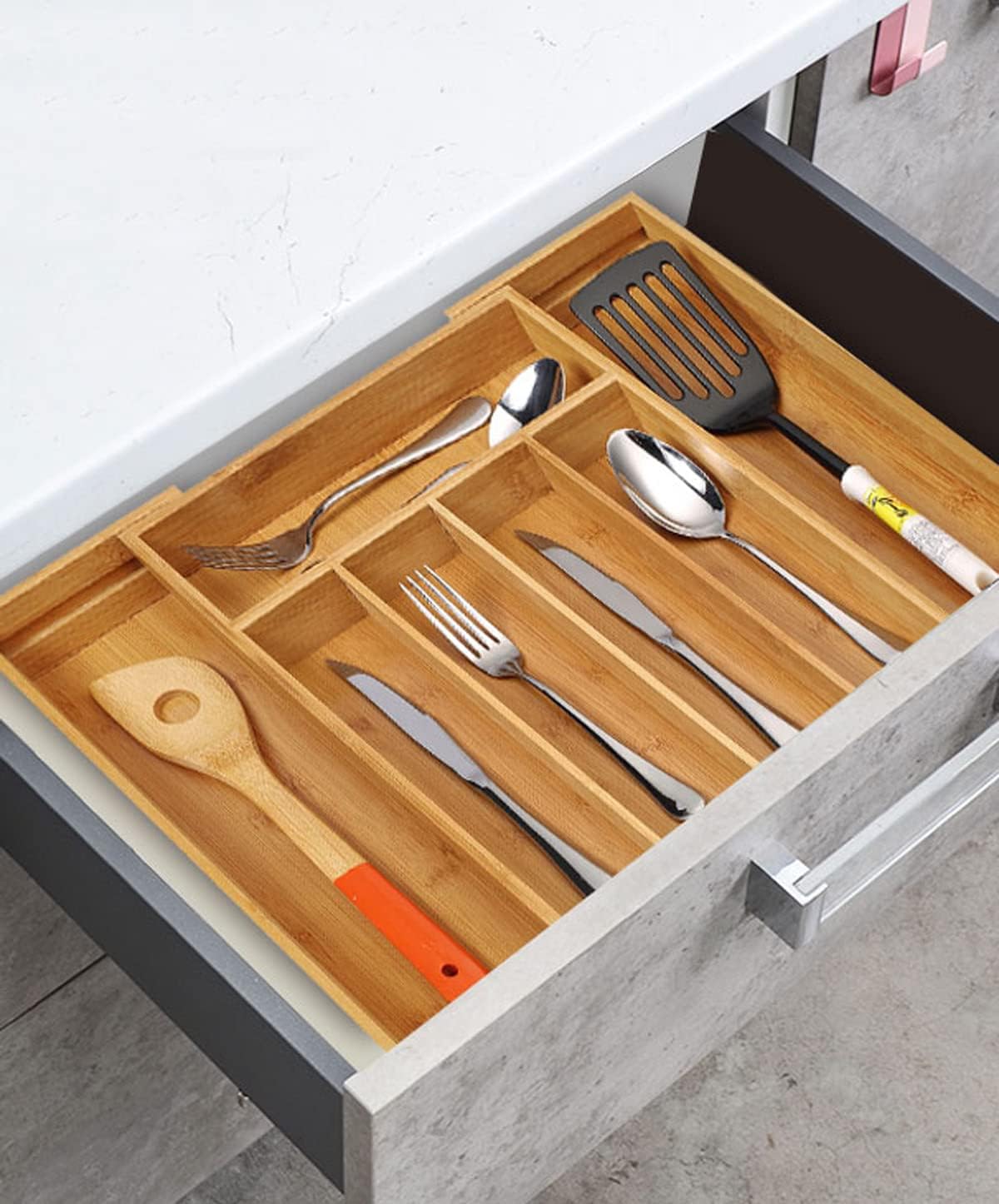 Utoplike Bamboo Cutlery Tray Silverware, Drawer Dividers for Kitchen Utensils, Flatware Tray Drawer Insert for knives, Gadgets and Garage Tools, Office Supplies