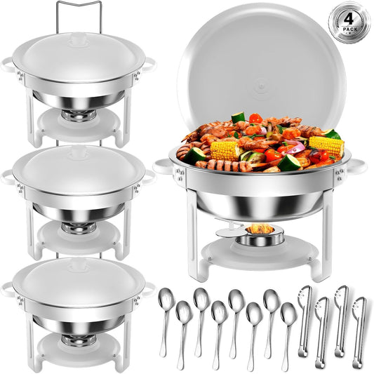 Round Chafing Dishes for Buffet 5 Qt,High Grade Chafing Dish Buffet Set, Full Size Pan,Rolled-Edge Design Food Warmers for Parties,Buffet,Wedding,Birthday,Camping 4 PACK (White)