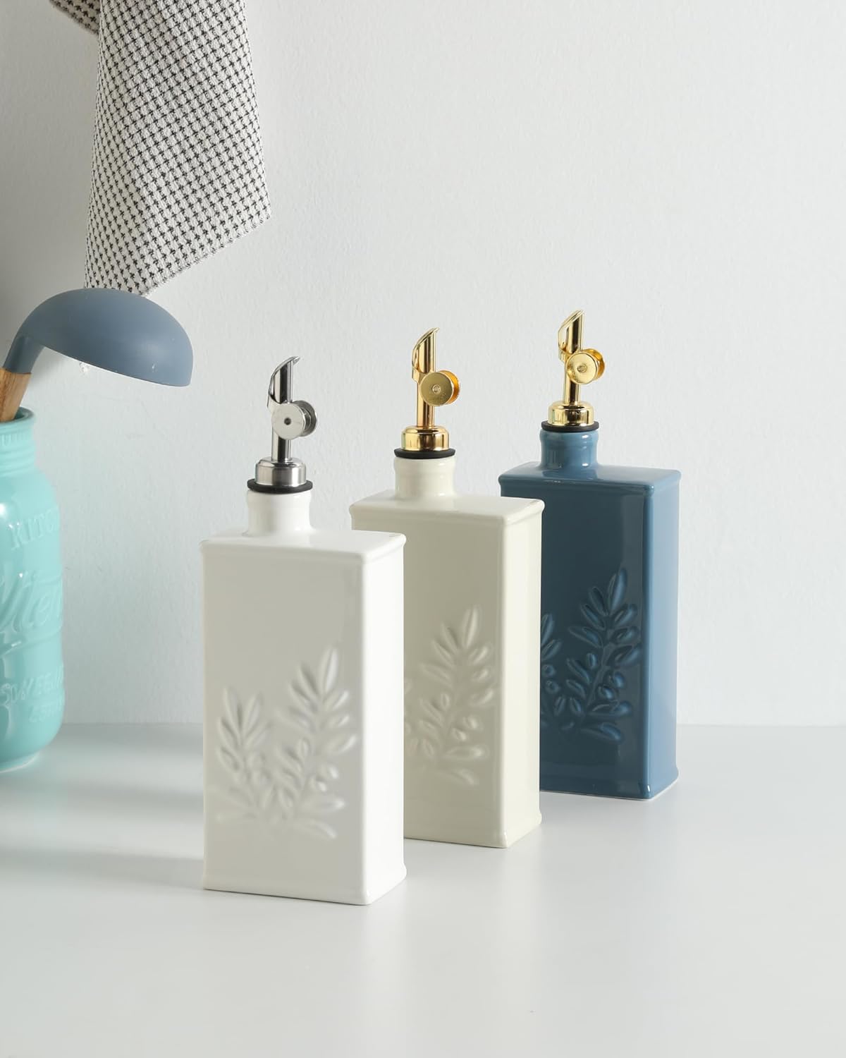 Sweejar Ceramic Olive Oil Dispenser Bottle for Kitchen, 17 Oz Relief Opaque Oil and Vinegar Dispenser Bottle with Spout, Suitable for Soy Sauce, Coffee Syrup, Liquids (Fogblue)