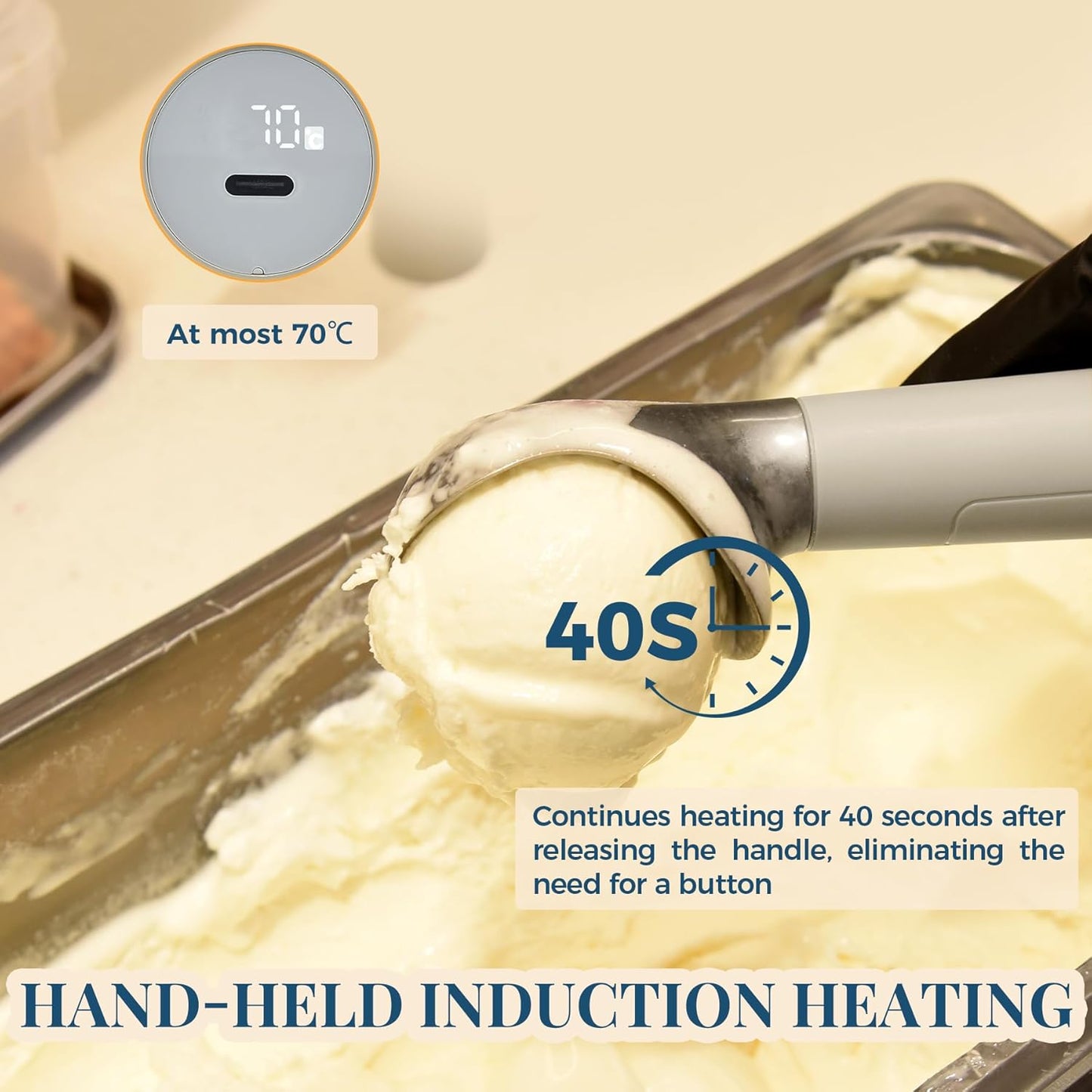 Heated Ice Cream Scoop Rechargeable, Electric Warming Ice Cream Scooper with LED Display, Heats to 158°F for Hard Ice Cream, Easy for Seniors & Kids, IP67 Waterproof (Grey, 2 oz)