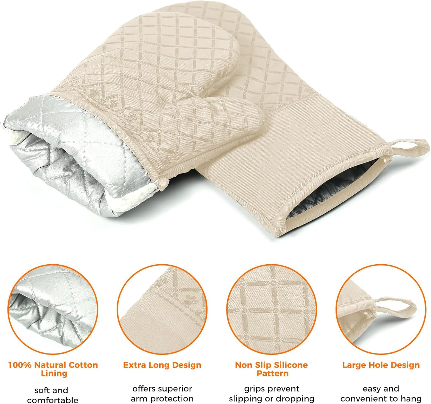 4PCS Oven Mitts and Pot Holders Sets 500°F Pot Holders for Kitchen Heat Resistant Oven Gloves Anti-Slip Silicone Stripe Oven Mitts Heat Resistant Hot Pads Oven Mits Potholders for Kitchens (Khaki)