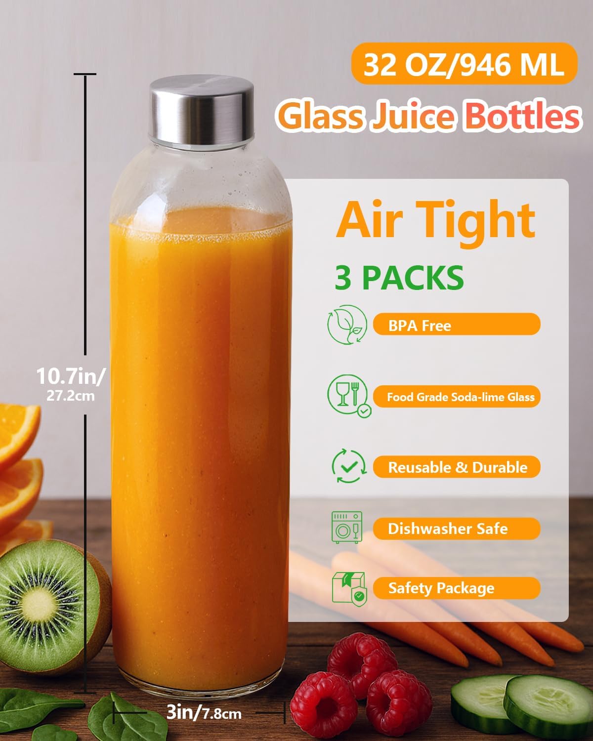 Zukro Glass Water Bottles with Lids 32 oz, 3 Pack Reusable Juice Bottles With Stainless Steel Airtight Cap for Juicing, Leak Proof Clear Drinking Jar Beverage storage container for Fridge, BPA Free