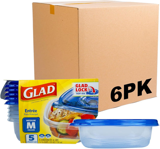Glad GladWare Entrée Food Storage Containers, Medium Square - Meal Container Holds up to 25 Ounces of Food - Lock Tight Seal, 5 Count - 6 Pack