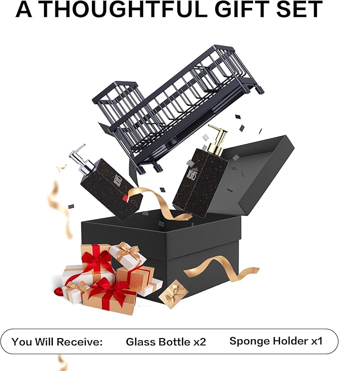 Cisily Kitchen Soap Dispenser Set with Sink Caddy, 12 Oz Glass Bottle, Hand and Dish Soap Dispenser Set with Sponge Holder (Black Sink Caddy + Black Bottle)