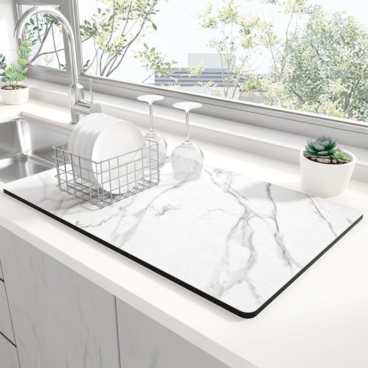 Rnivvi Dish Drying Mat for Kitchen Counter, XL 15 x 24" Cute Marble Super Absorbent Draining Pad, Non-Slip Heat Resistant Coffee Bar Mats for Coffee Machine Station Accessories, White Dish Rack Pad