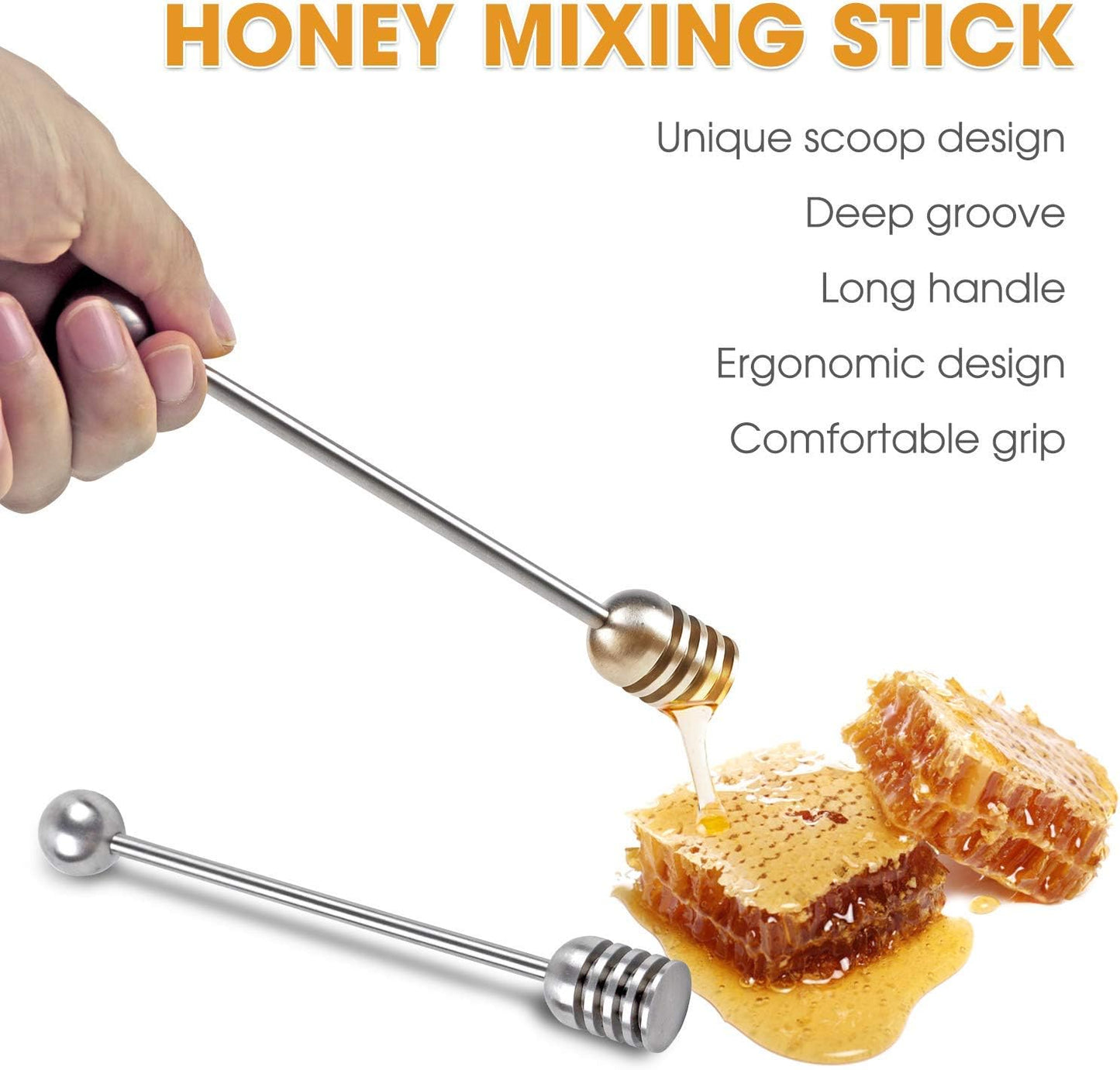DUGATO Honey Dipper Set (2 Pack, 6.3") - 304 Stainless Steel Honeycomb Sticks for Honey Pot Jar, Syrup Drizzler, Tea & Coffee Stirrer - Elegant Kitchen Utensil (Stainless Steel)