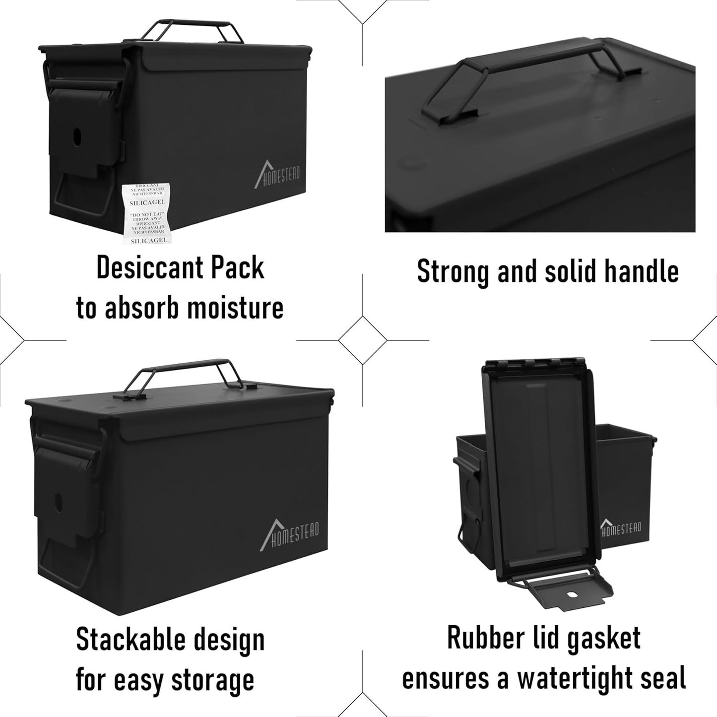 HOMESTEAD 50 Cal Metal Ammo Can – 4 Pack M2A1 Military Steel Ammo Storage Box, Airtight and Water-Resistant Ammunition, Black Color