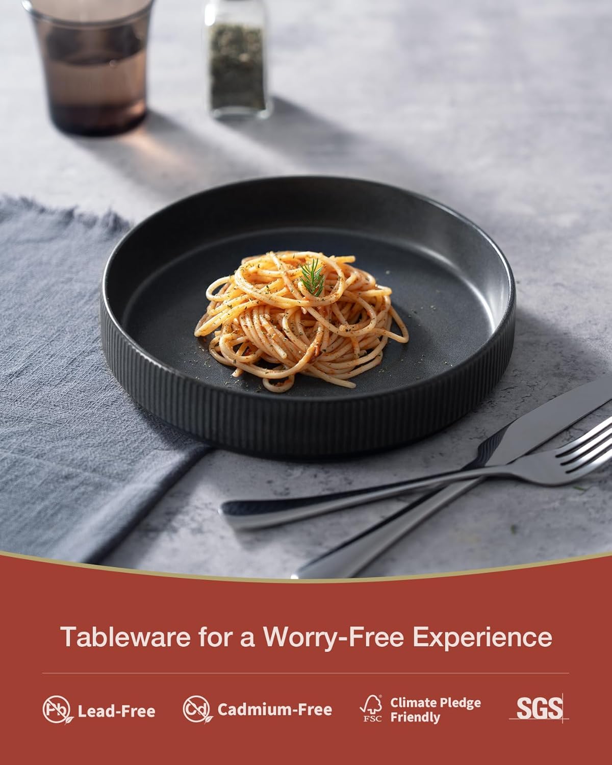 famiware Star 7.5" Pasta Bowls Set, Salad Bowl Set of 6, Double Reactive Glaze, Stackable, Perfect for Your Friend for Housewarming, Thanksgiving, Christmas, Matte Dark Charcoal (Full Glaze)