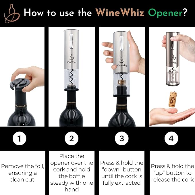 Electric Wine Aerator & Opener Set by WineWhiz with Case and Accessories (Rechargeable Stainless Steel Corkscrew, Dispenser, Foil Cutter Tool, Stopper), Ideal Gift for Housewarming