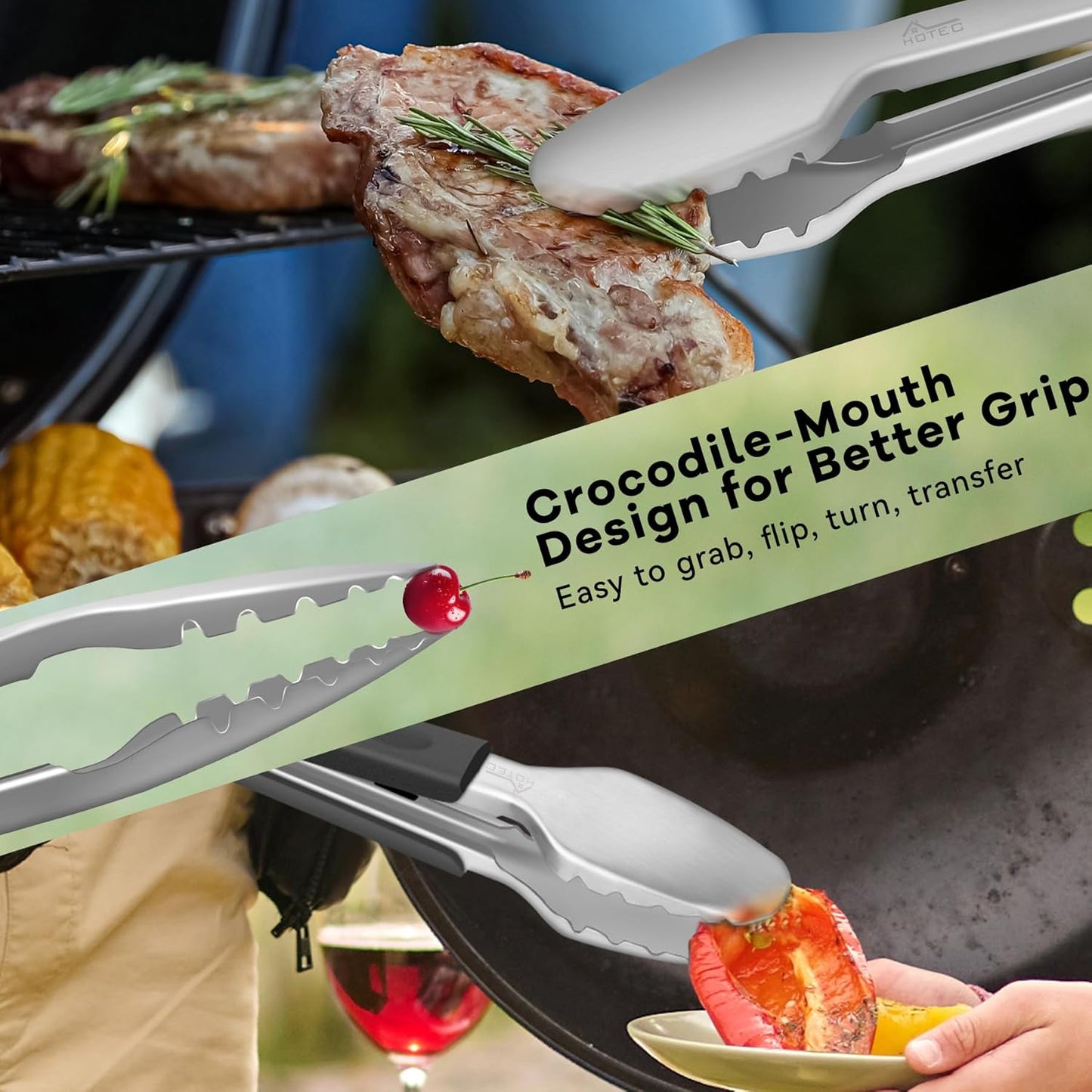 Hotec Stainless Steel Kitchen Tongs Grill Tongs Set of 2-9" and 12", Barbecue Tongs Locking Metal BBQ Kitchen Food Tongs for Cooking Non-Slip Grip