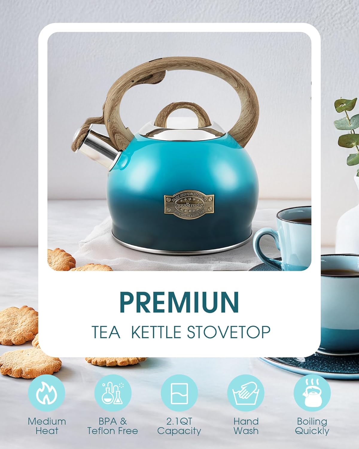 Tea Kettle, Whistling Stovetop Teapot Food Grade Stainless Steel Tea Kettles for Stove Top with Anti-hot Ergonomic Handle,Kettle Spout for Tea, Coffee or Milk, 2.1 Quart Tea Pots