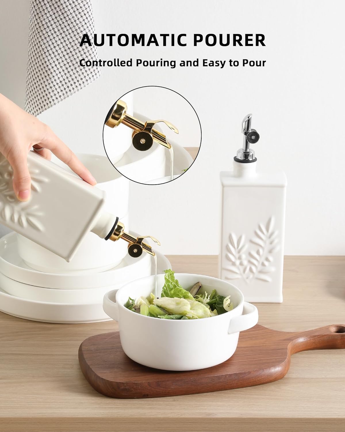 Sweejar Ceramic Olive Oil Dispenser Bottle for Kitchen, 17 Oz Relief Opaque Oil and Vinegar Dispenser Bottle with Spout, Suitable for Soy Sauce, Coffee Syrup, Liquids (Beige)