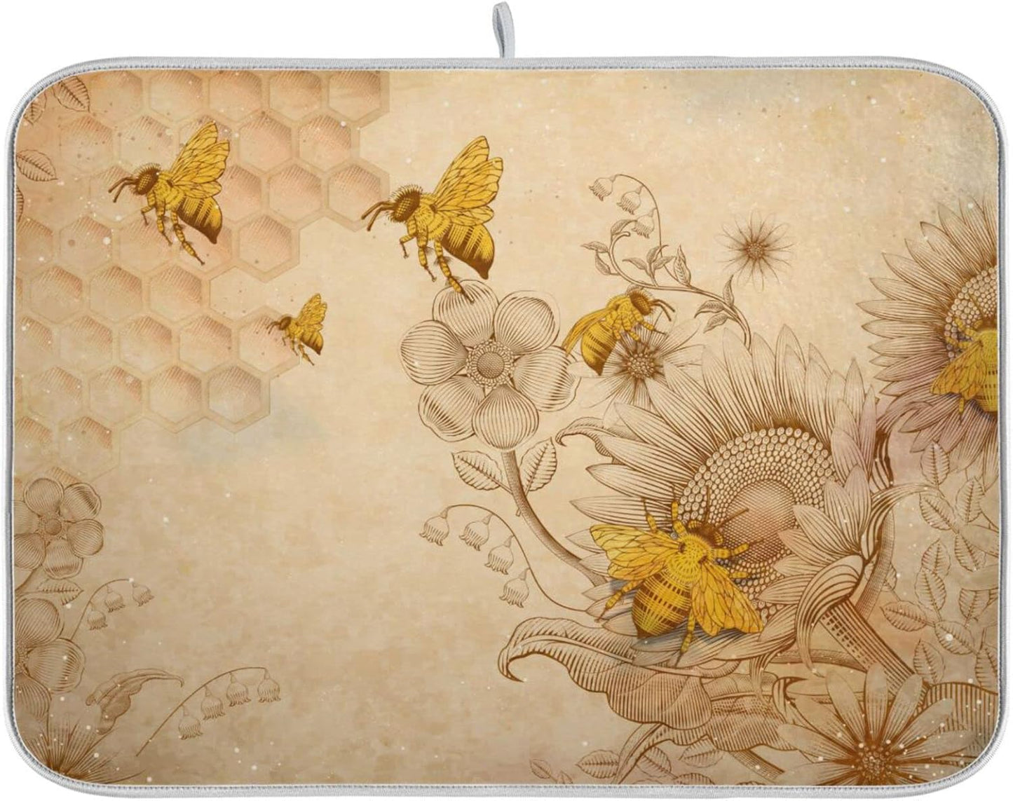 Super Absorbent Dish Drying Mat, Microfiber Fast-Drying Dish Mat, 24" x 18", Kitchen Dish Drying Pad, Sunflower Bee Retro