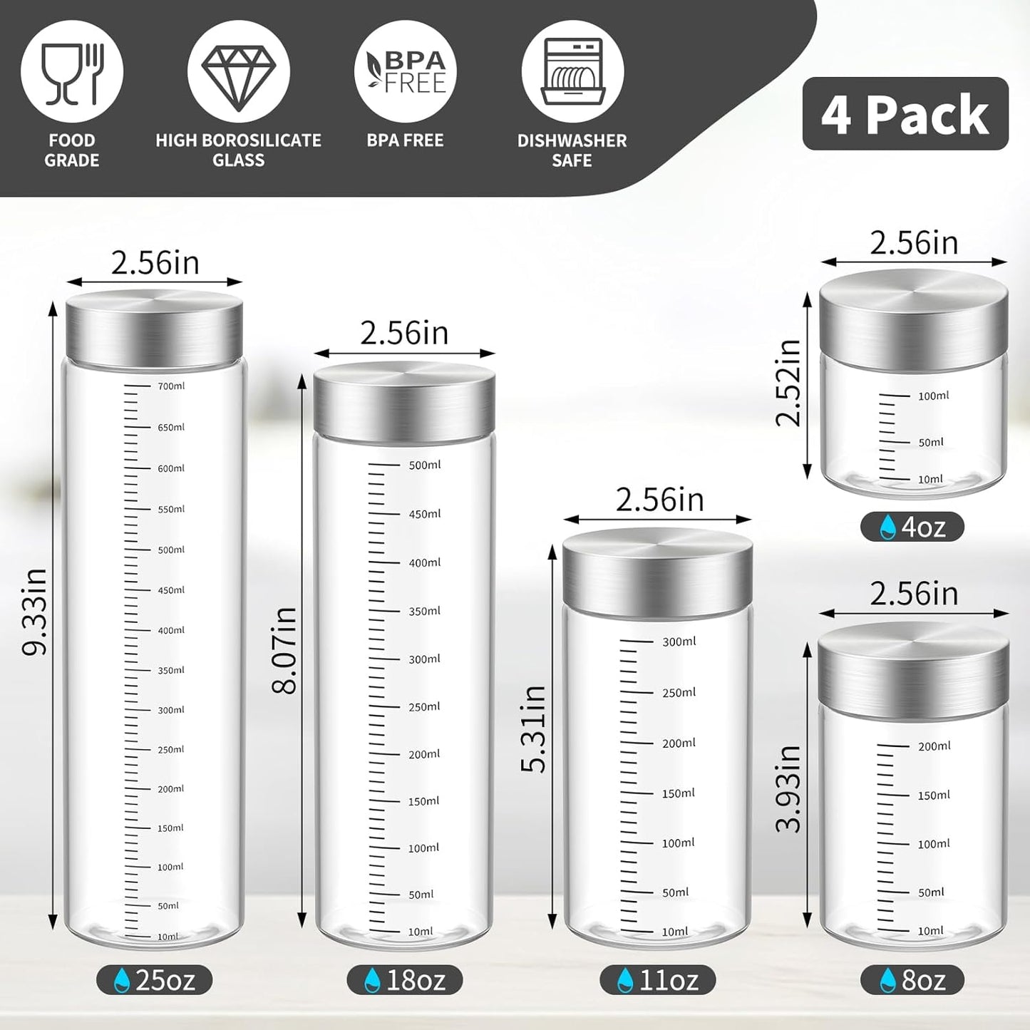 11 Oz Glass Juice Bottles with Lids, 4 Pack Glass Bottles, BPA Free, Borosilicate Glass, Leak Proof Lids for Juicing, Smoothies, Infused Water, Beverage Storage, Shaker Bottles