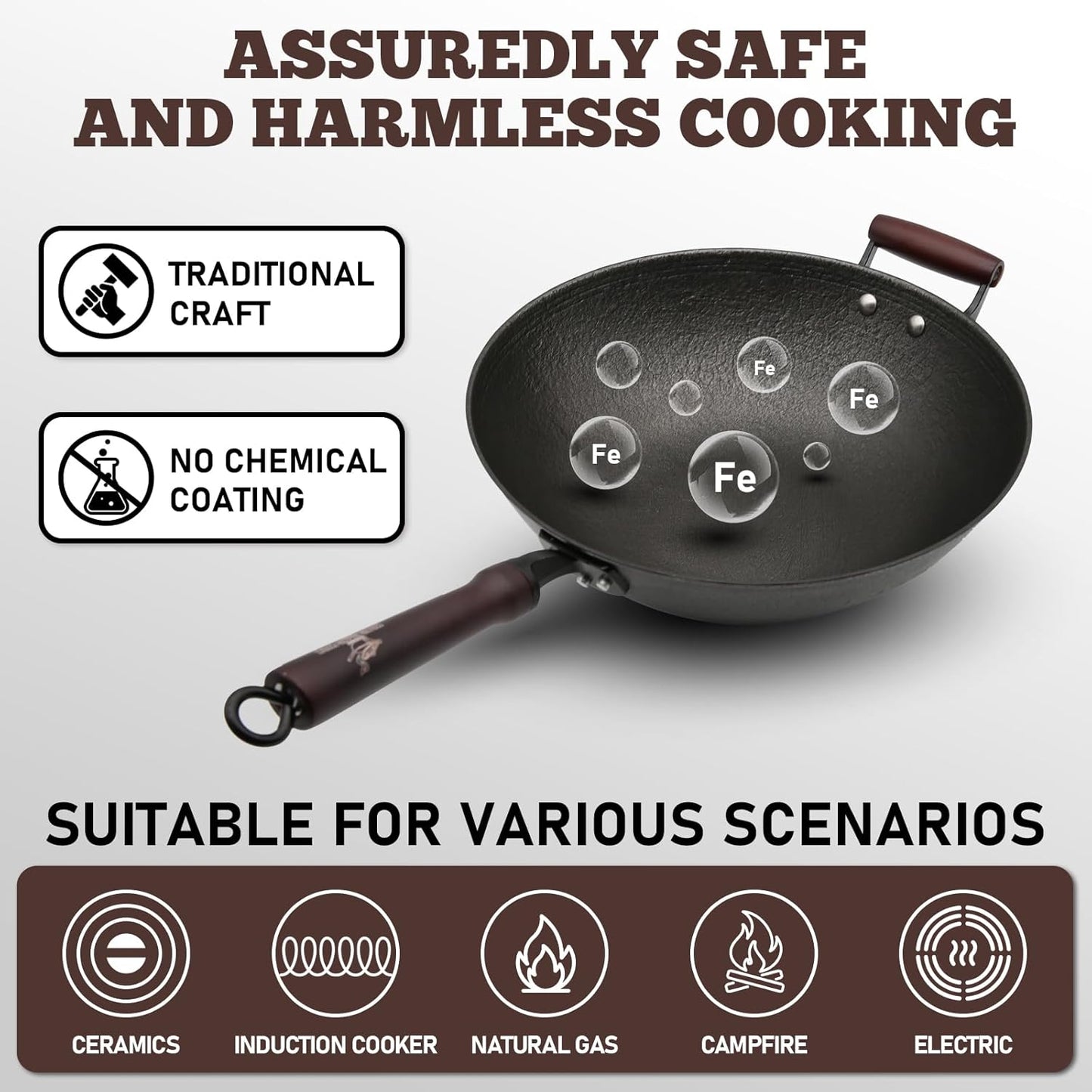 HONGJIANG Cast Iron Wok Pan, 13.4" Pre-Seasoned Flat Bottom Wok,Coating-Free Wok Stir Fry Pan With Glass Lid,Compatible Traditional Chinese Wok For Induction, Electric, Gas,Open Fire