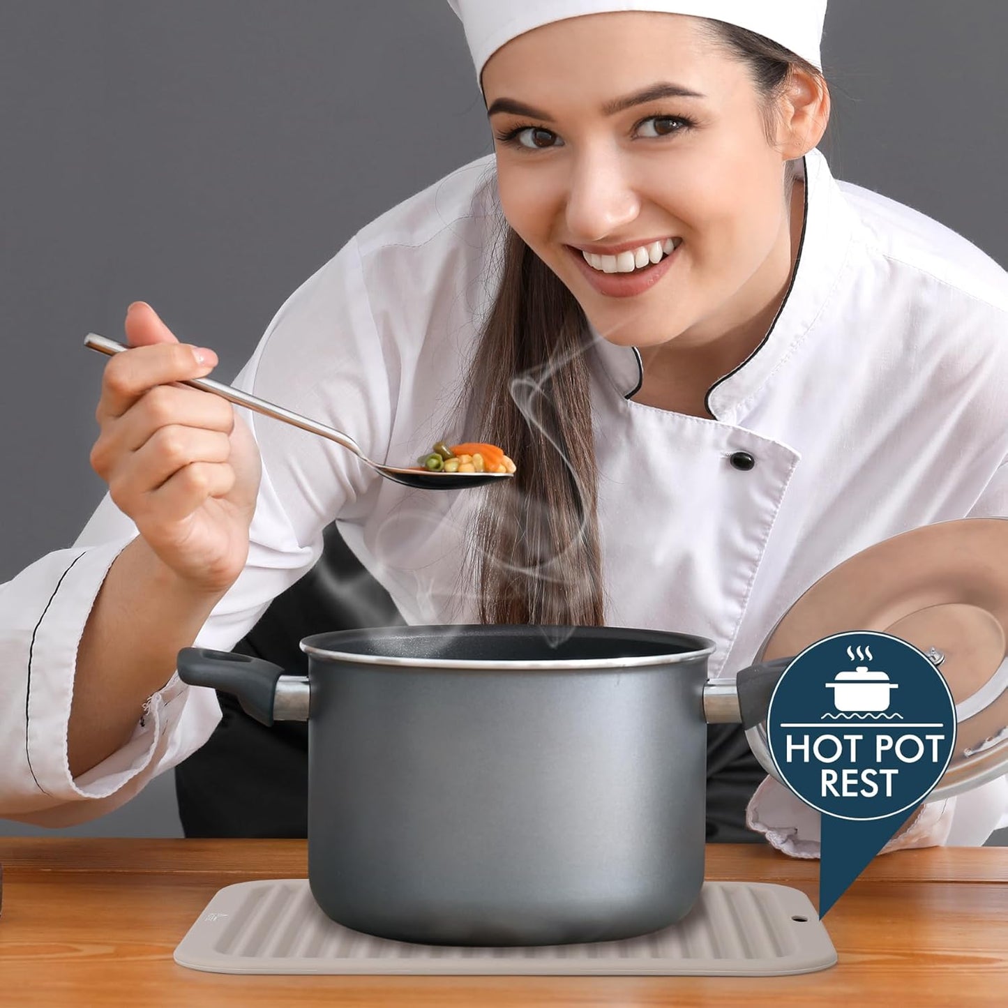 HOTEC 446℉ Heat Resistant Silicone Trivets, Hot Pot Holder Rest, Multi-Purpose Hot Pads for Kitchen Counter &Table, Set of 2, Khaki