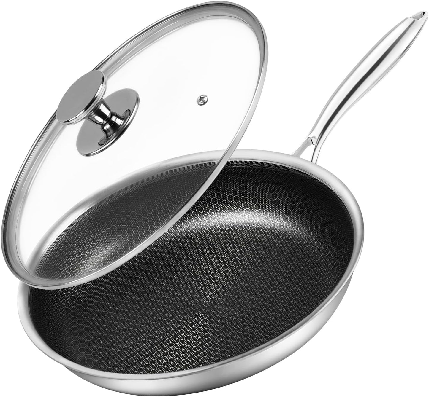 12 inch Tri-Ply Stainless Steel Frying Pan With Lid Large Nonstick Honeycomb Coatings Skillet for Eggs & Omelettes Non Toxic Healthy Omelette Pan Compatible W/All Cooktops