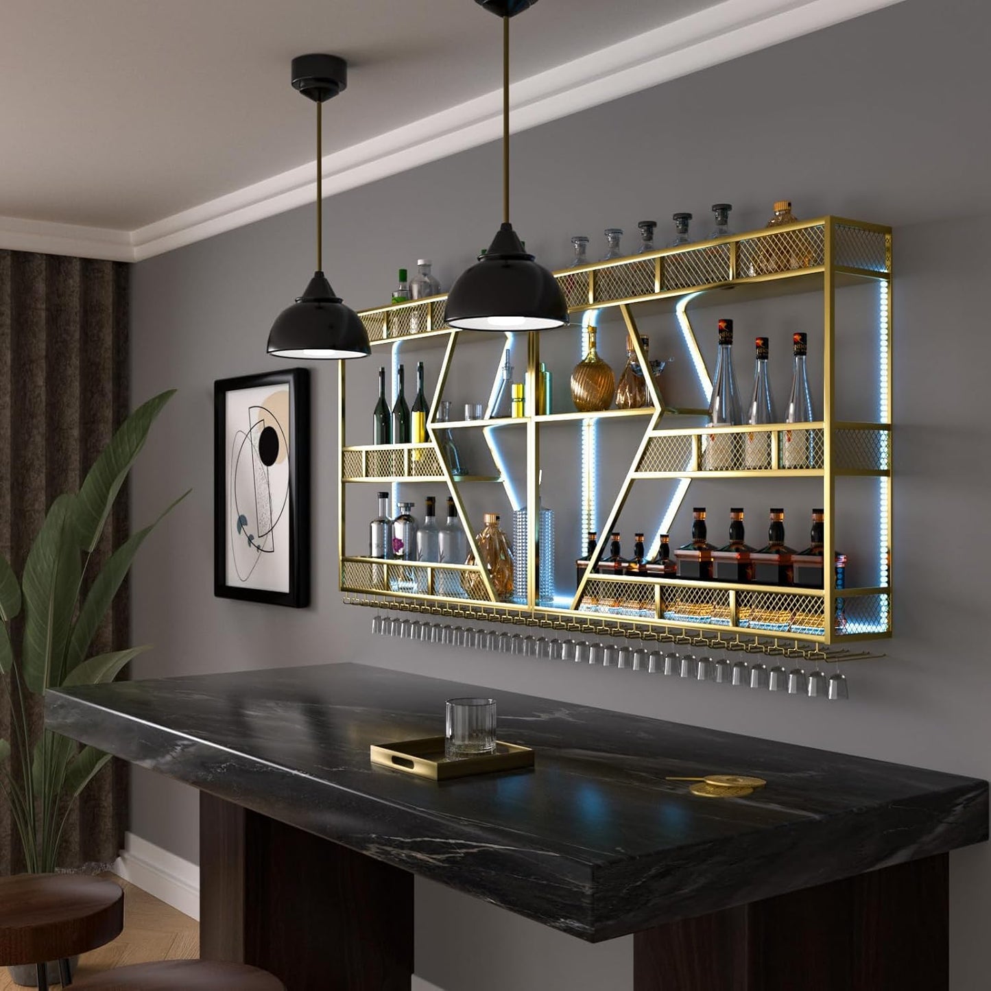 94.48in Metal Wine Rack Wall Mounted, Modern Wine Storage Rack Wall Mounted with Wine Glass Holder, Liquor Shelf, Bar Shelves for Liquor Bottles (3TIERS Gold, 94.48 * 7.87 * 33.85INCH)