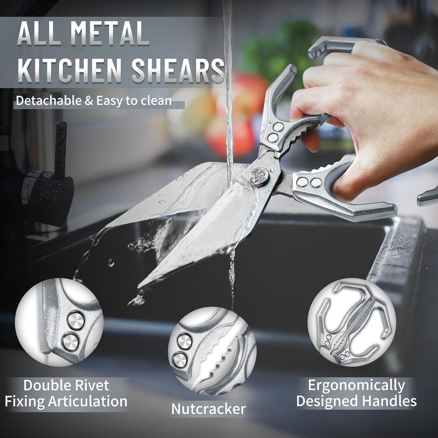 Dream Reach Heavy Duty Poultry Shears Kitchen Scissors Dishwasher Safe with Ergonomic Handle, Japanese High-Carbon Steel Cooking Shears for Chicken, Meat, Seafood, Bone Cutting (Silver)